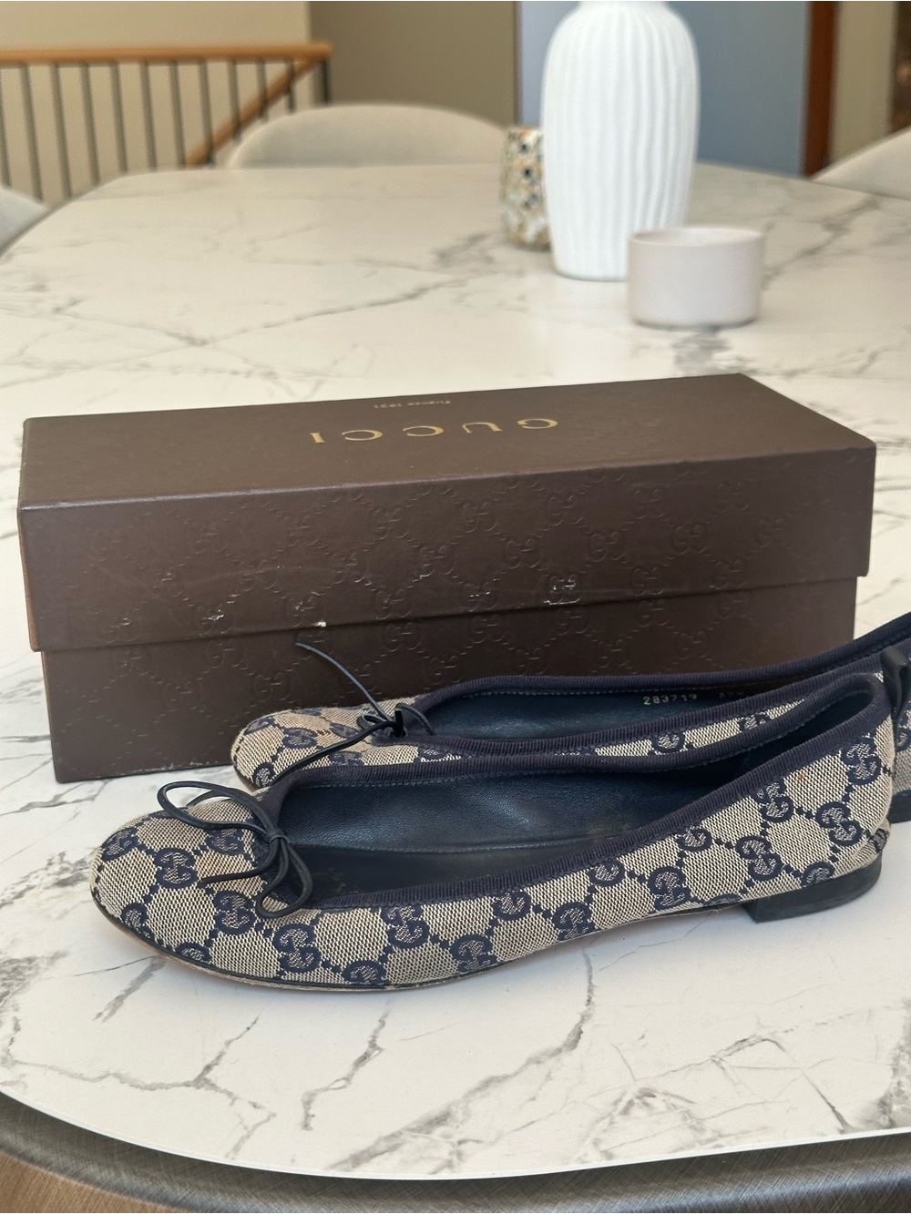 Gucci Beige/Grey Navy GG Canvas Ballet Flats